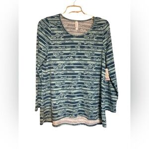 NWT LuLaRoe Lynnae style high low  teal striped floral blouse poly spand…